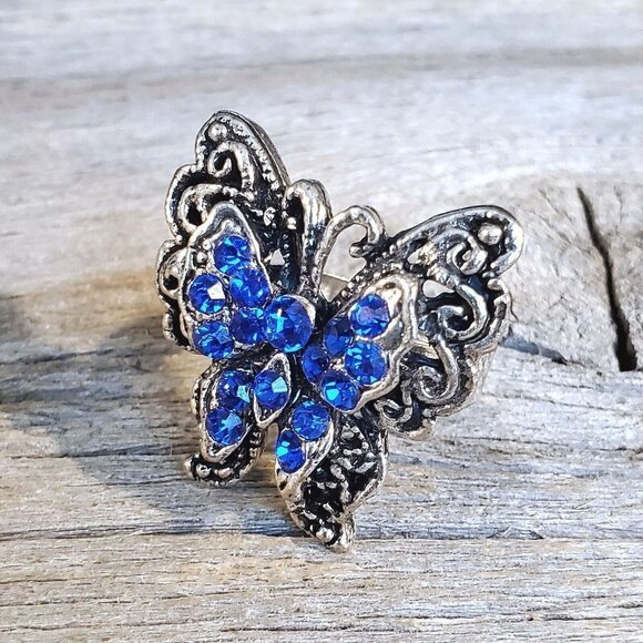Vintage Y2K 90s Cobalt Blue Crystal Butterfly Silver Adjustable Cocktail Ring - Picture 5 of 8